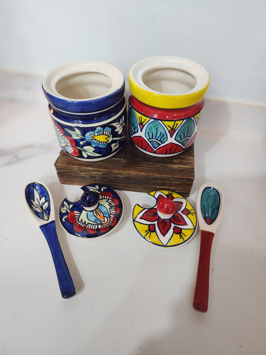 Hand-Painted Ceramic Condiment Jars With Lid & Matching Spoon