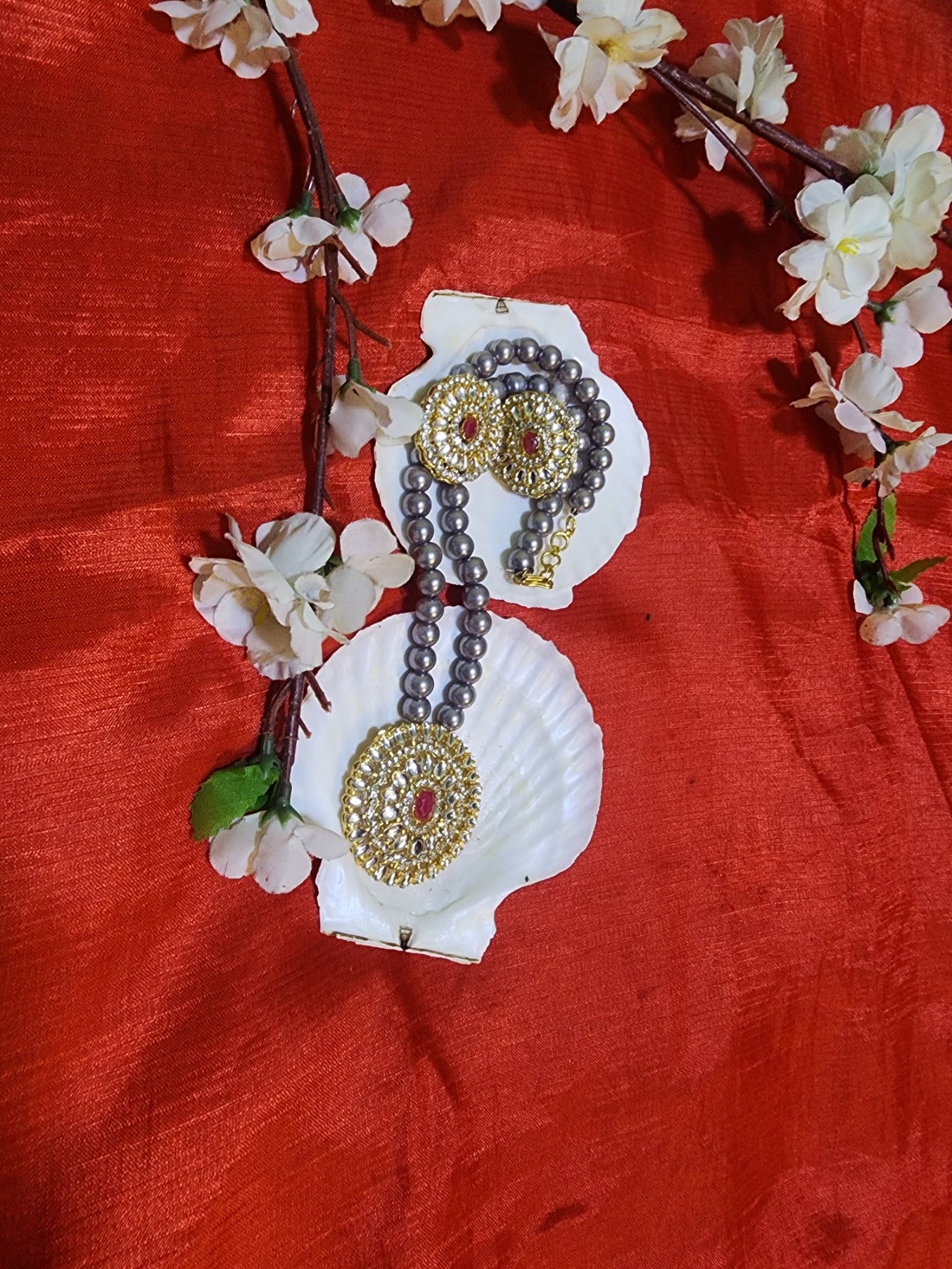Kundan Necklace Set with Grey Pearls – Handcrafted Elegant Jewelry