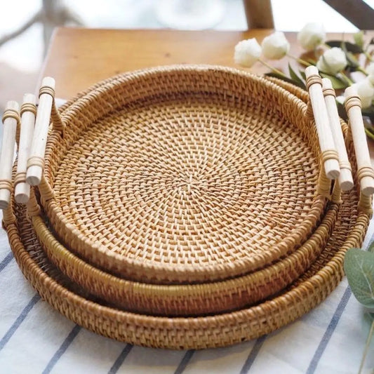 Handwoven Rattan Tray & Food Storage Basket – Natural Brown