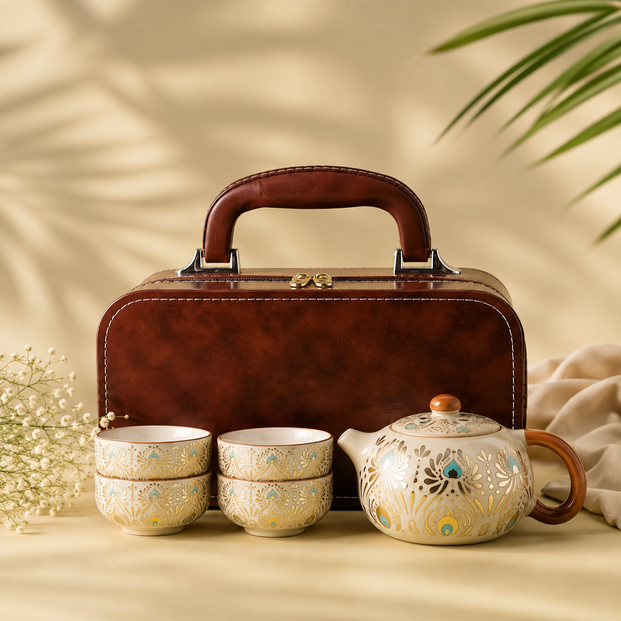 Premium Ceramic Tea Kettle Set with 4 Cups & Leather Carry Bag