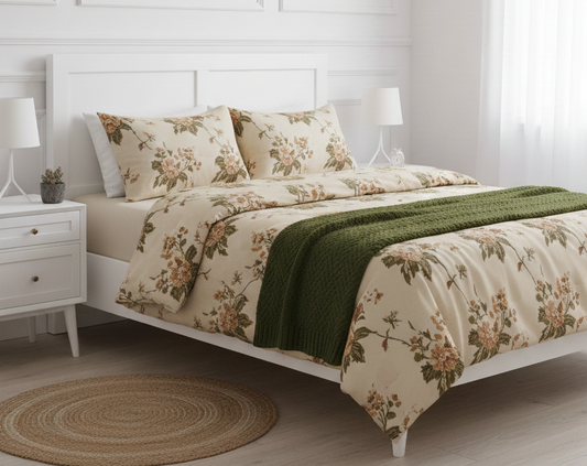 Grace Floral King-Size Bedsheet Set with Olive & Maroon Motifs with 2 Pcs of Pillow Covers: “Classic Comfort, Floral Elegance”
