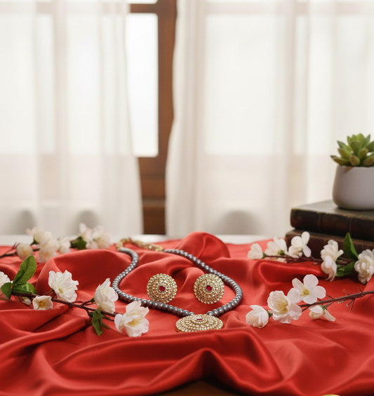 Kundan Necklace Set with Grey Pearls – Handcrafted Elegant Jewelry