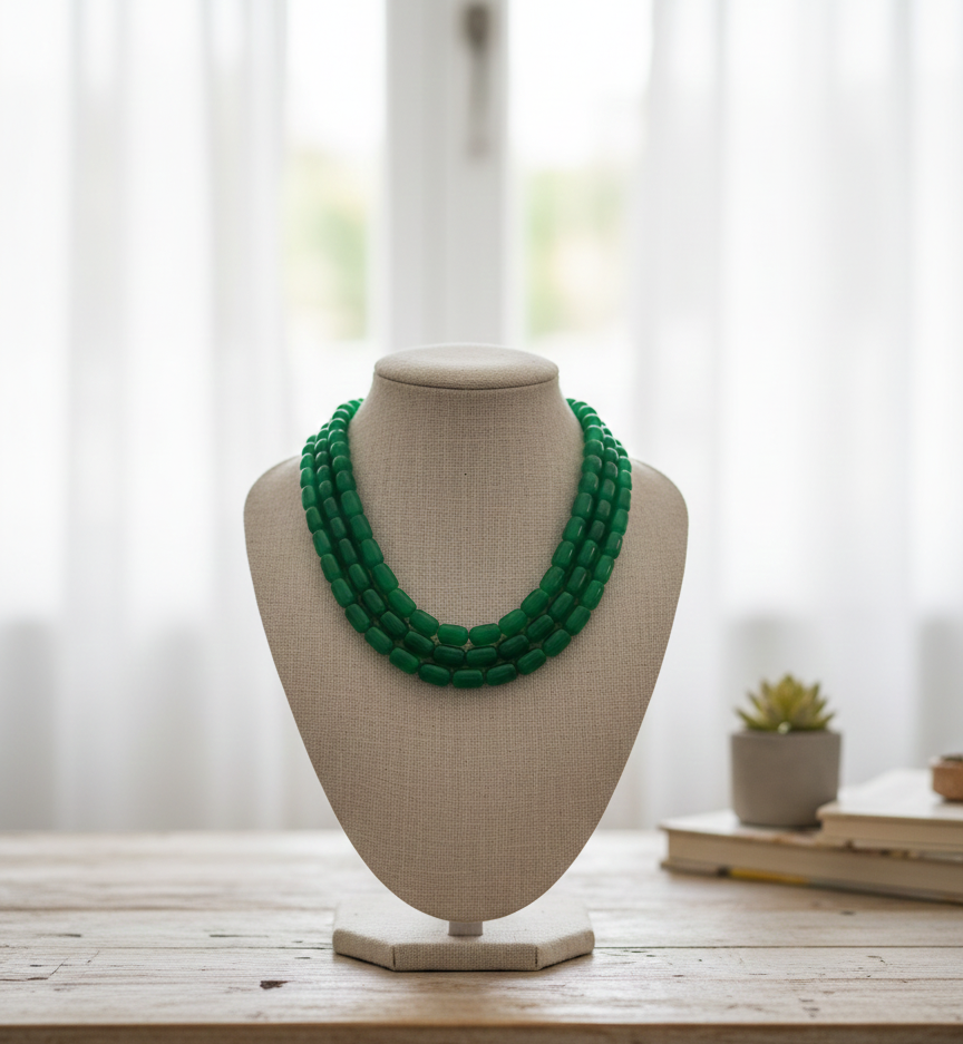 Emerald Green Multistrand Pearl Necklace with Earrings – Elegant Ethnic Jewelry Set