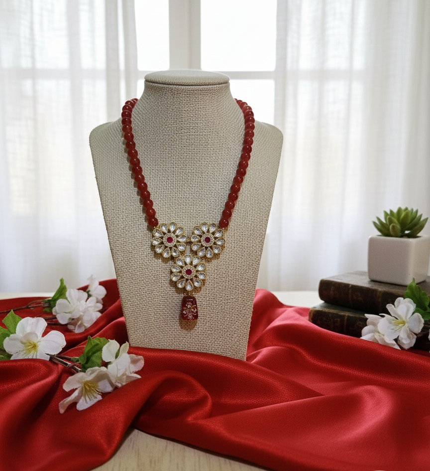 Handcrafted Kundan Necklace with Ruby Beads & Earrings Set-Elegant Traditional Jewelry