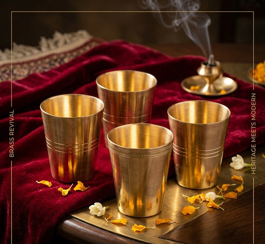 Small Brass Glasses with lining design-Set of 4