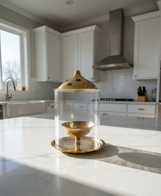 Brass Diya with Circular Glass Cover – Elegant Traditional Lamp