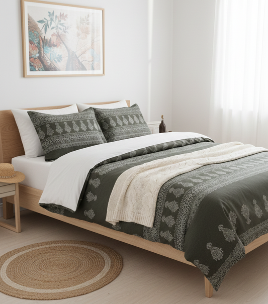 Regal Olive Handblock Inspired Cotton Bedsheet Set of King Size with 2 Pcs of Pillow Covers