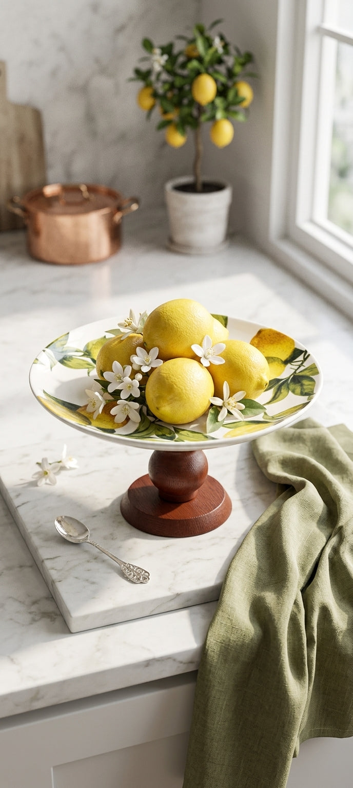 Lemon Grove Ceramic Plate & Bowl with Wooden Stand