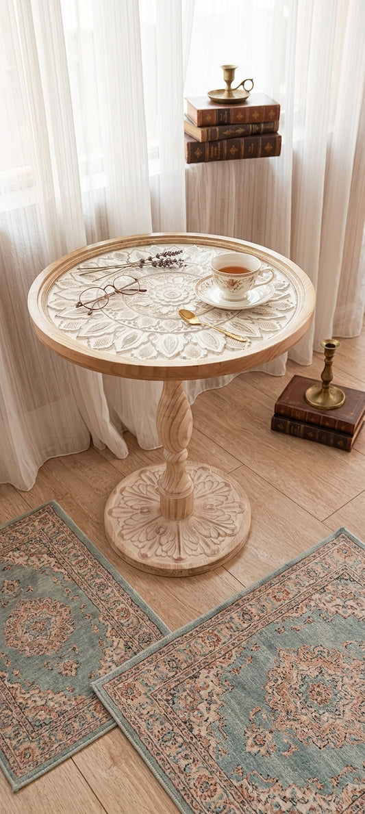 French Vintage Distressed Round Side Table – Carved Pine Wood Accent Table with Tempered Glass