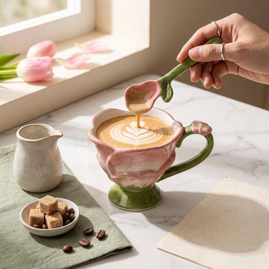 Stylish Lotus Ceramic Mug with spoon