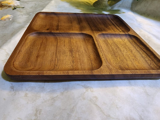 Square Walnut Wood 3-Compartment snacks serving Tray