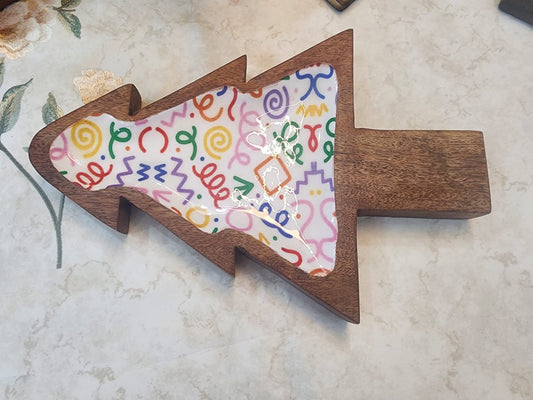 Meraki Rainbow and Blue Ocean Christmas Tree Mango Wood Platter
