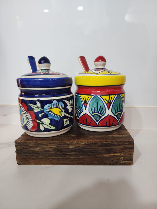 Hand-Painted Ceramic Condiment Jars With Lid & Matching Spoon
