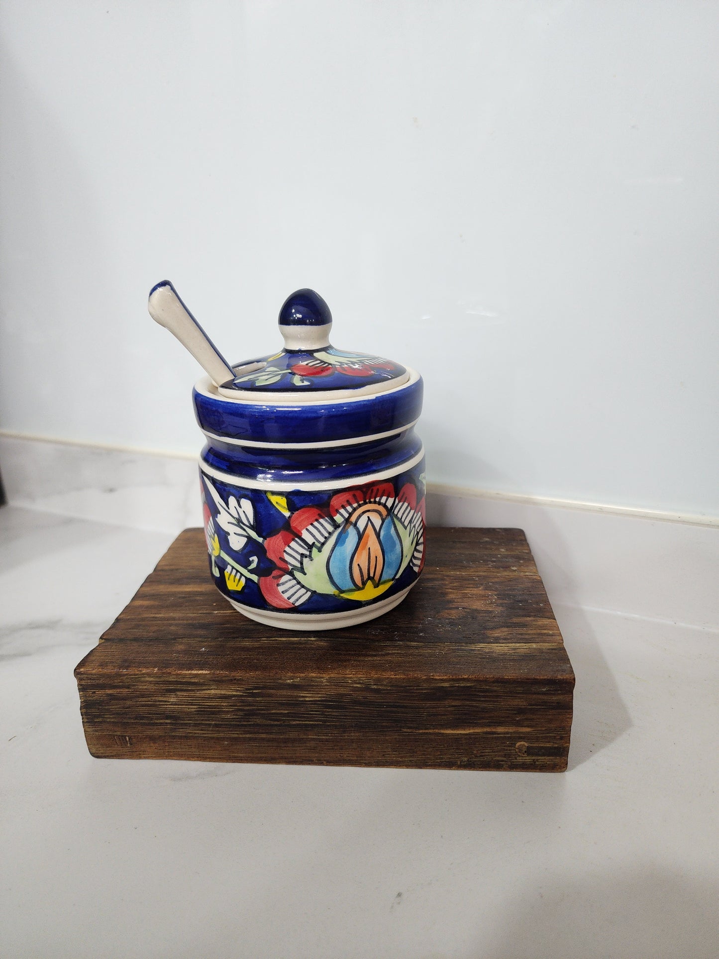 Hand-Painted Ceramic Condiment Jars With Lid & Matching Spoon