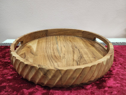Heritage Acacia Round Tray with Carved Edge – Large