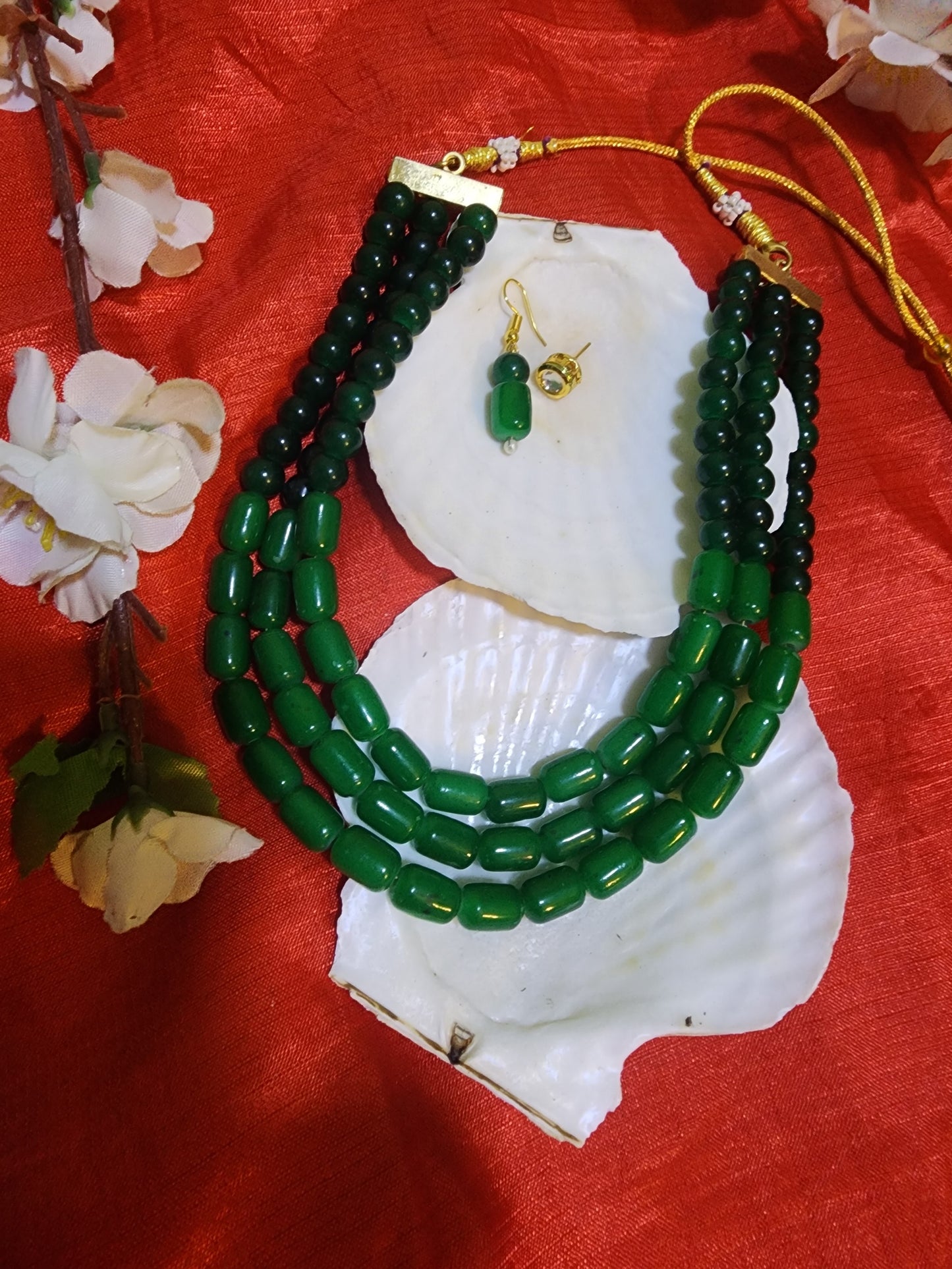 Emerald Green Multistrand Pearl Necklace with Earrings – Elegant Ethnic Jewelry Set