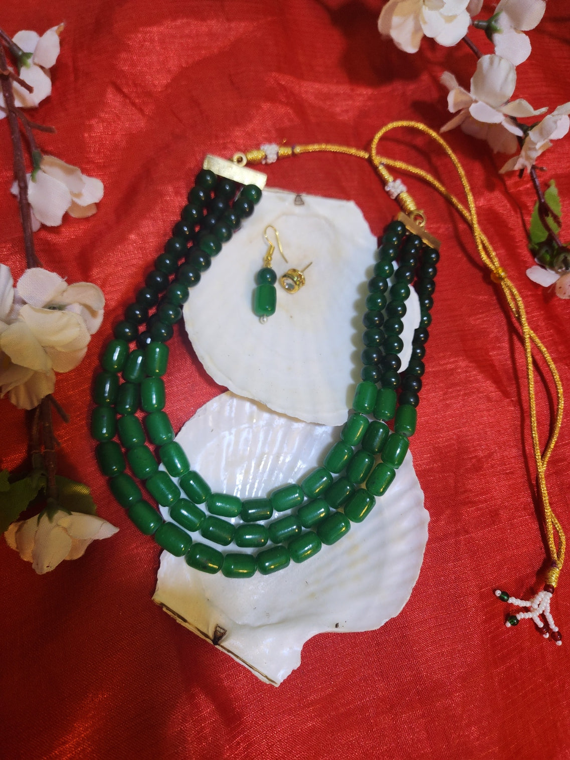 Emerald Green Multistrand Pearl Necklace with Earrings – Elegant Ethnic Jewelry Set