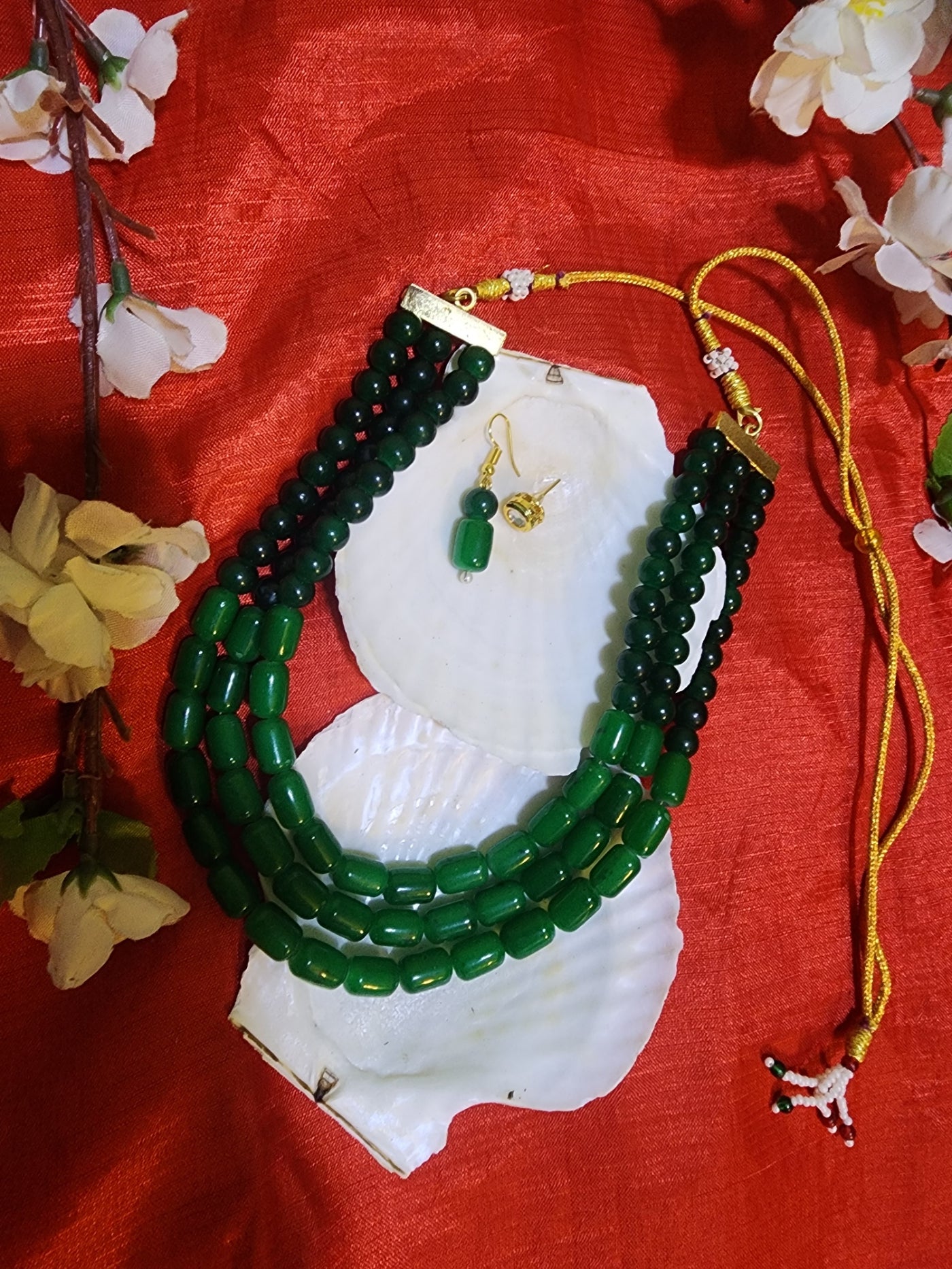 Emerald Green Multistrand Pearl Necklace with Earrings – Elegant Ethnic Jewelry Set