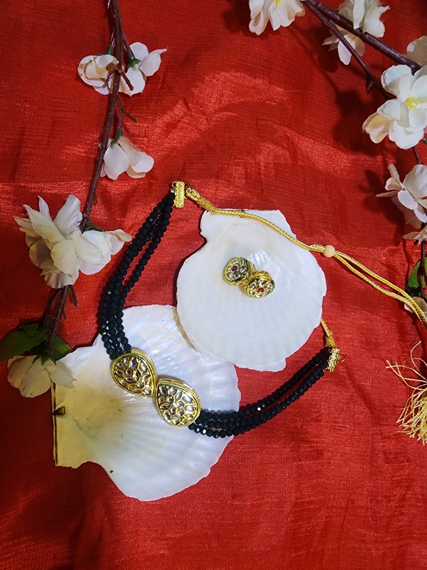 Dark Green Multilayered Small Beaded Necklace with Earrings: Elegant Jewelry Set