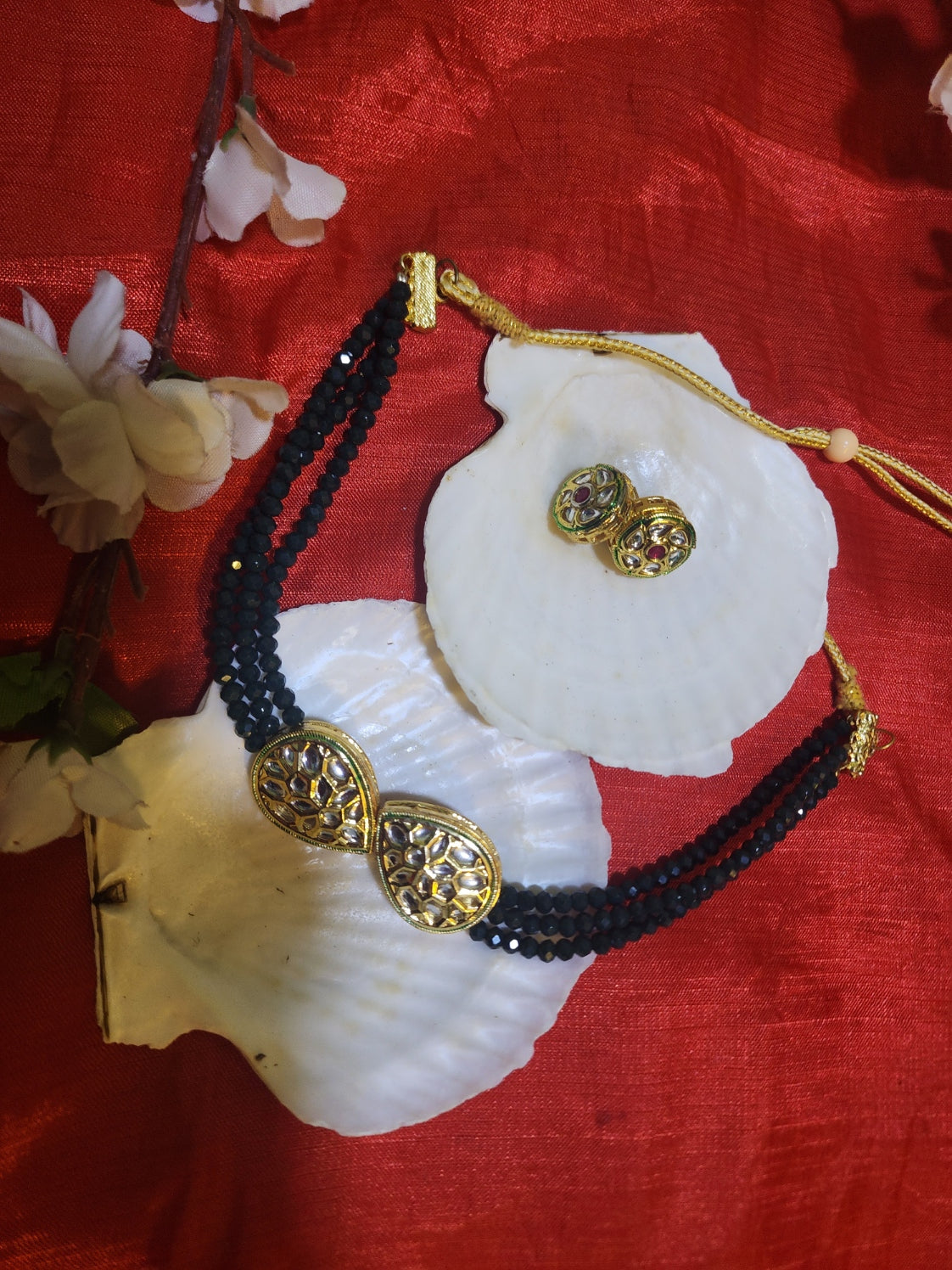 Dark Green Multilayered Small Beaded Necklace with Earrings: Elegant Jewelry Set