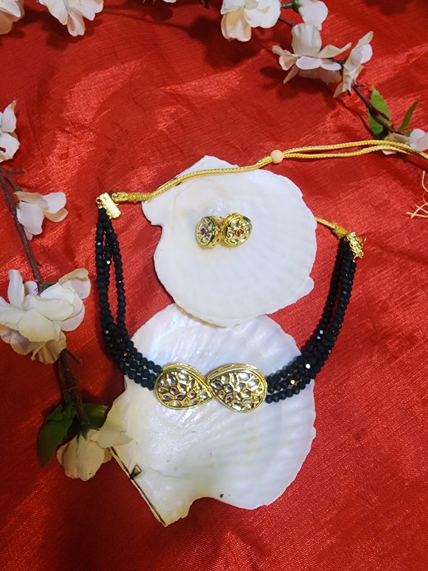 Dark Green Multilayered Small Beaded Necklace with Earrings: Elegant Jewelry Set