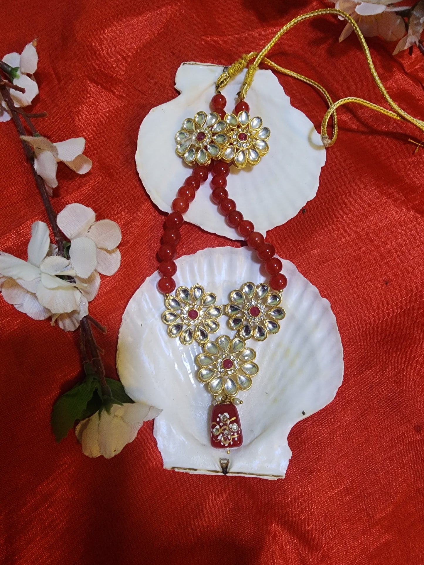 Handcrafted Kundan Necklace with Ruby Beads & Earrings Set-Elegant Traditional Jewelry