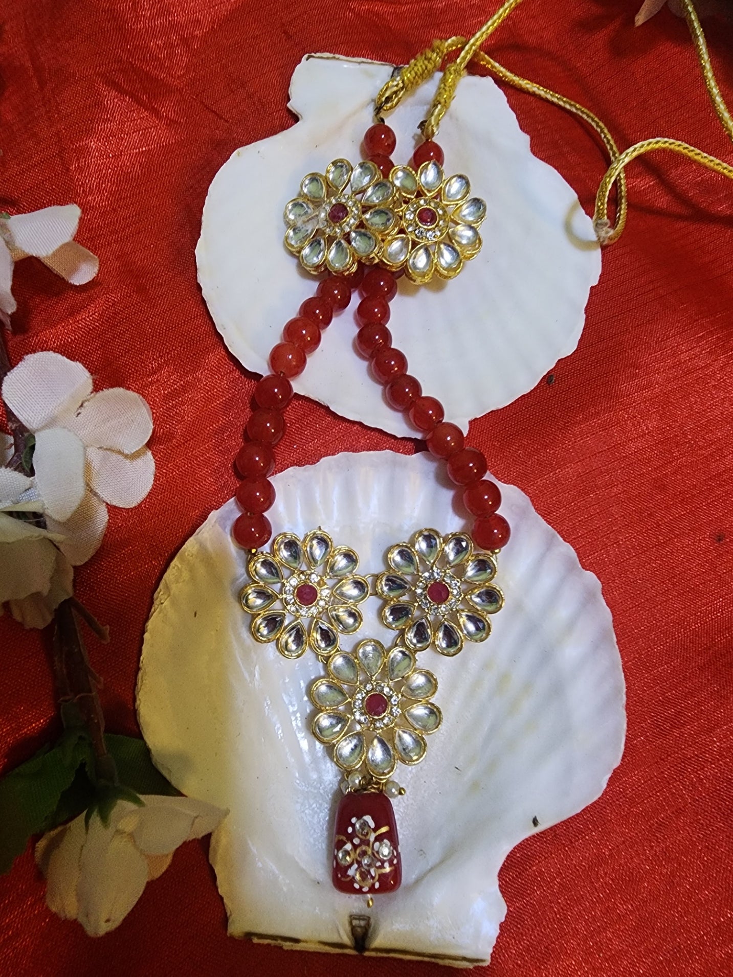 Handcrafted Kundan Necklace with Ruby Beads & Earrings Set-Elegant Traditional Jewelry