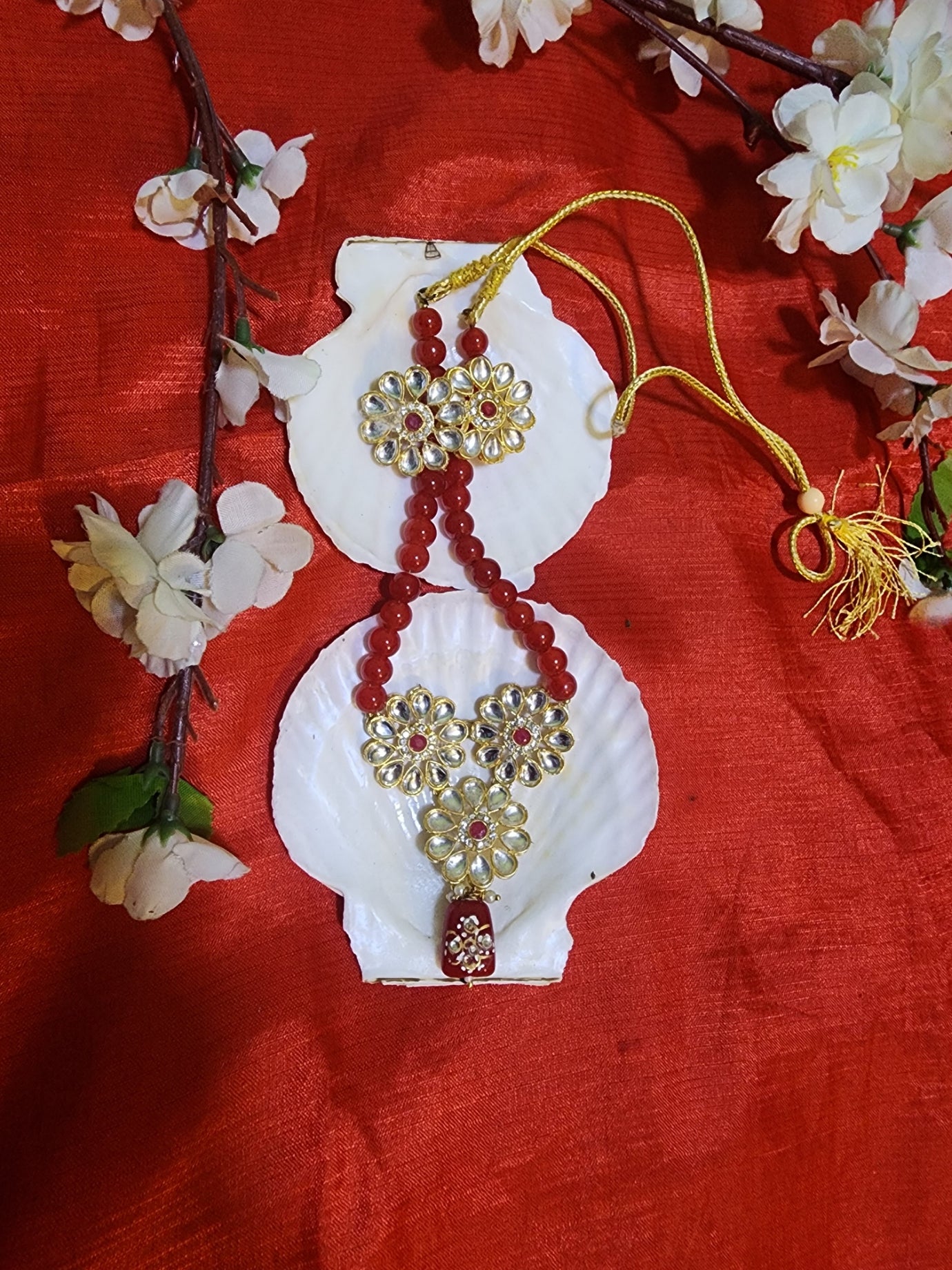 Handcrafted Kundan Necklace with Ruby Beads & Earrings Set-Elegant Traditional Jewelry