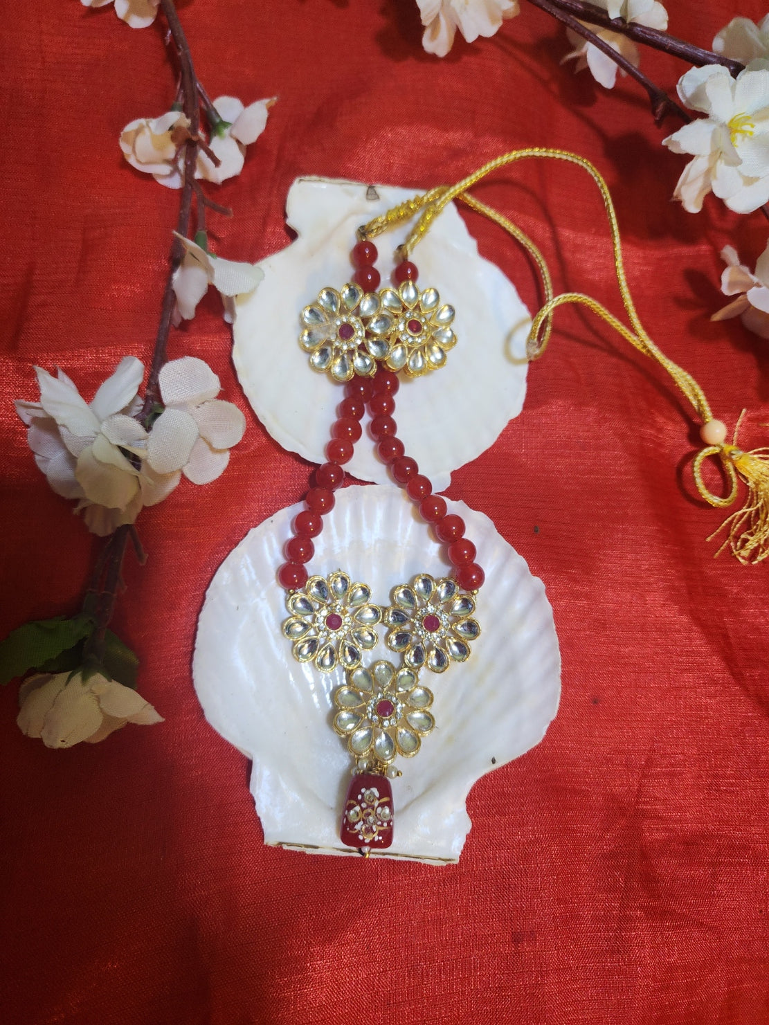 Handcrafted Kundan Necklace with Ruby Beads & Earrings Set-Elegant Traditional Jewelry