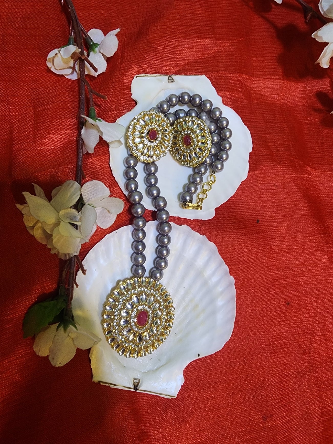 Kundan Necklace Set with Grey Pearls – Handcrafted Elegant Jewelry