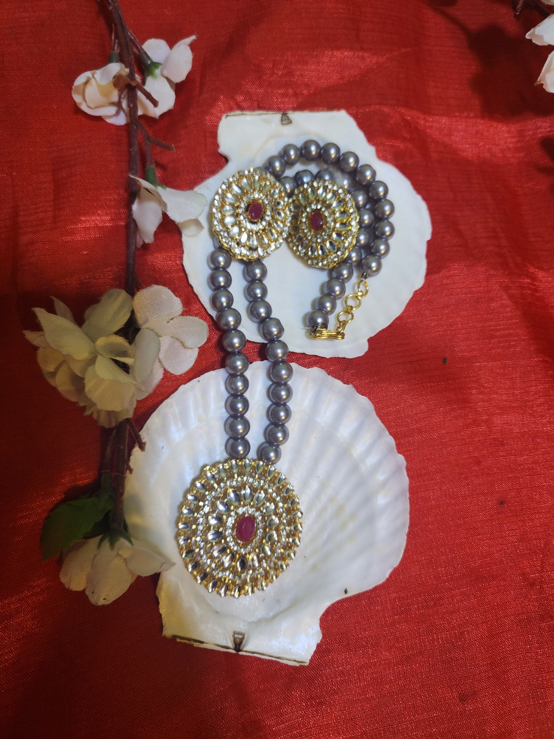 Kundan Necklace Set with Grey Pearls – Handcrafted Elegant Jewelry