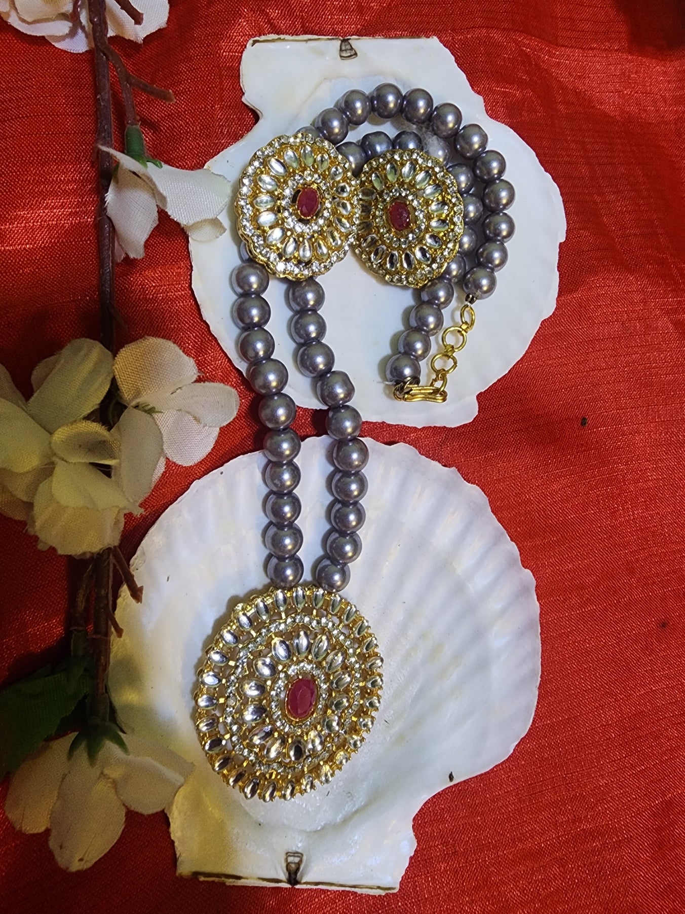 Kundan Necklace Set with Grey Pearls – Handcrafted Elegant Jewelry