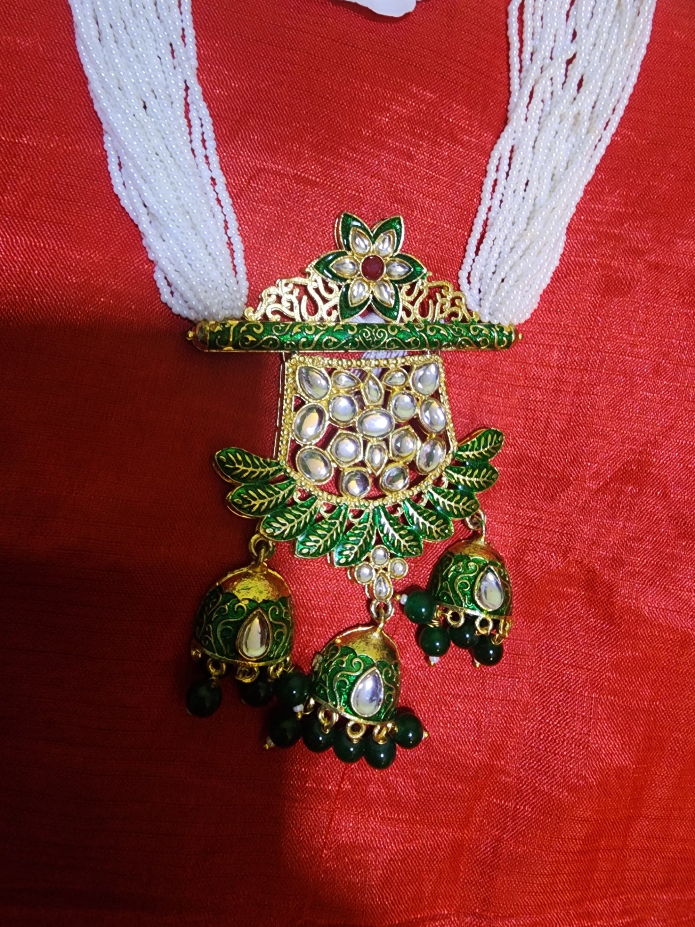 Green Kundan Meenakari & Pearl Long Necklace Set – HandcraftedJewelry