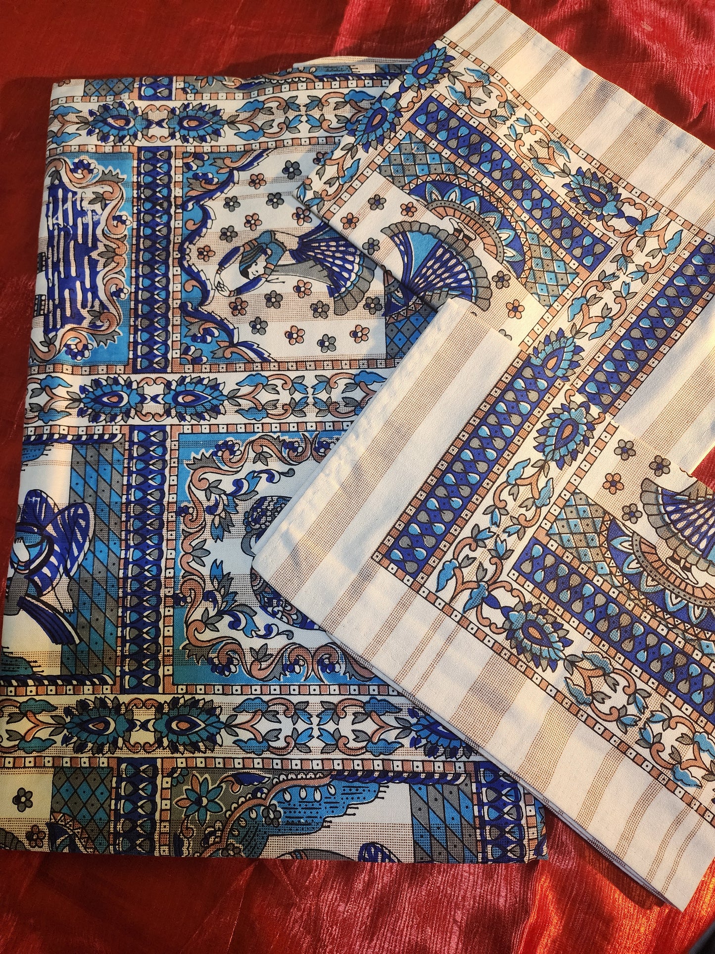 Rhythms of the Earth Handblock Printed Bedsheet with Dancing, Music & Elephant Motifs with 2 Pcs of pillow covers