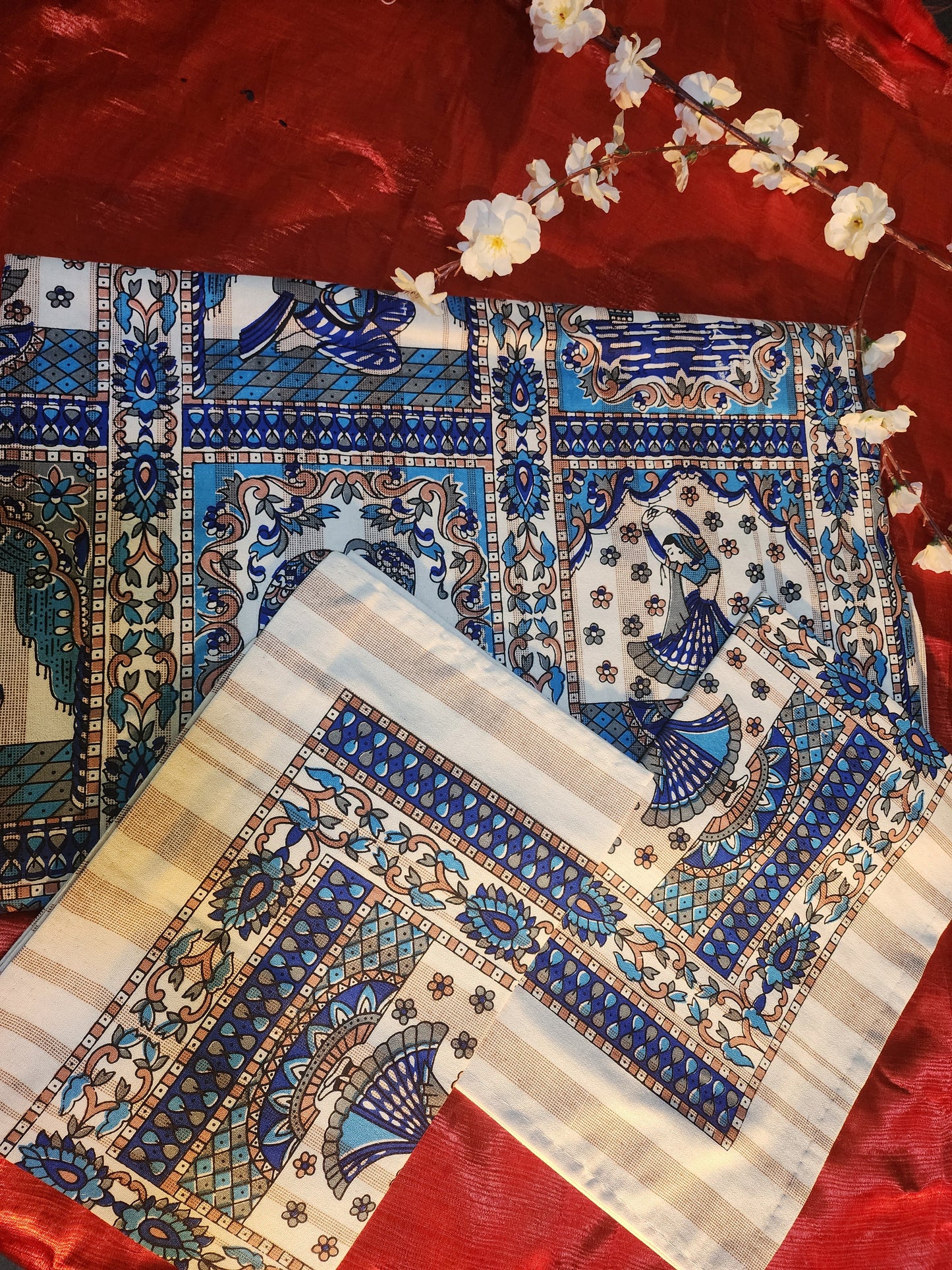 Rhythms of the Earth Handblock Printed Bedsheet with Dancing, Music & Elephant Motifs with 2 Pcs of pillow covers