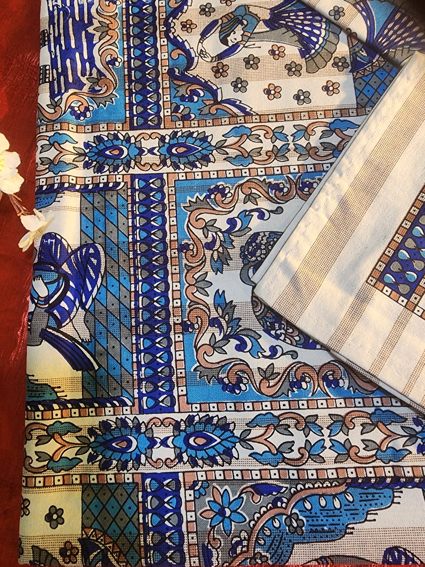 Rhythms of the Earth Handblock Printed Bedsheet with Dancing, Music & Elephant Motifs with 2 Pcs of pillow covers