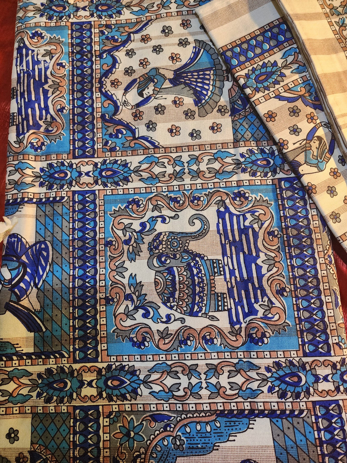 Rhythms of the Earth Handblock Printed Bedsheet with Dancing, Music & Elephant Motifs with 2 Pcs of pillow covers