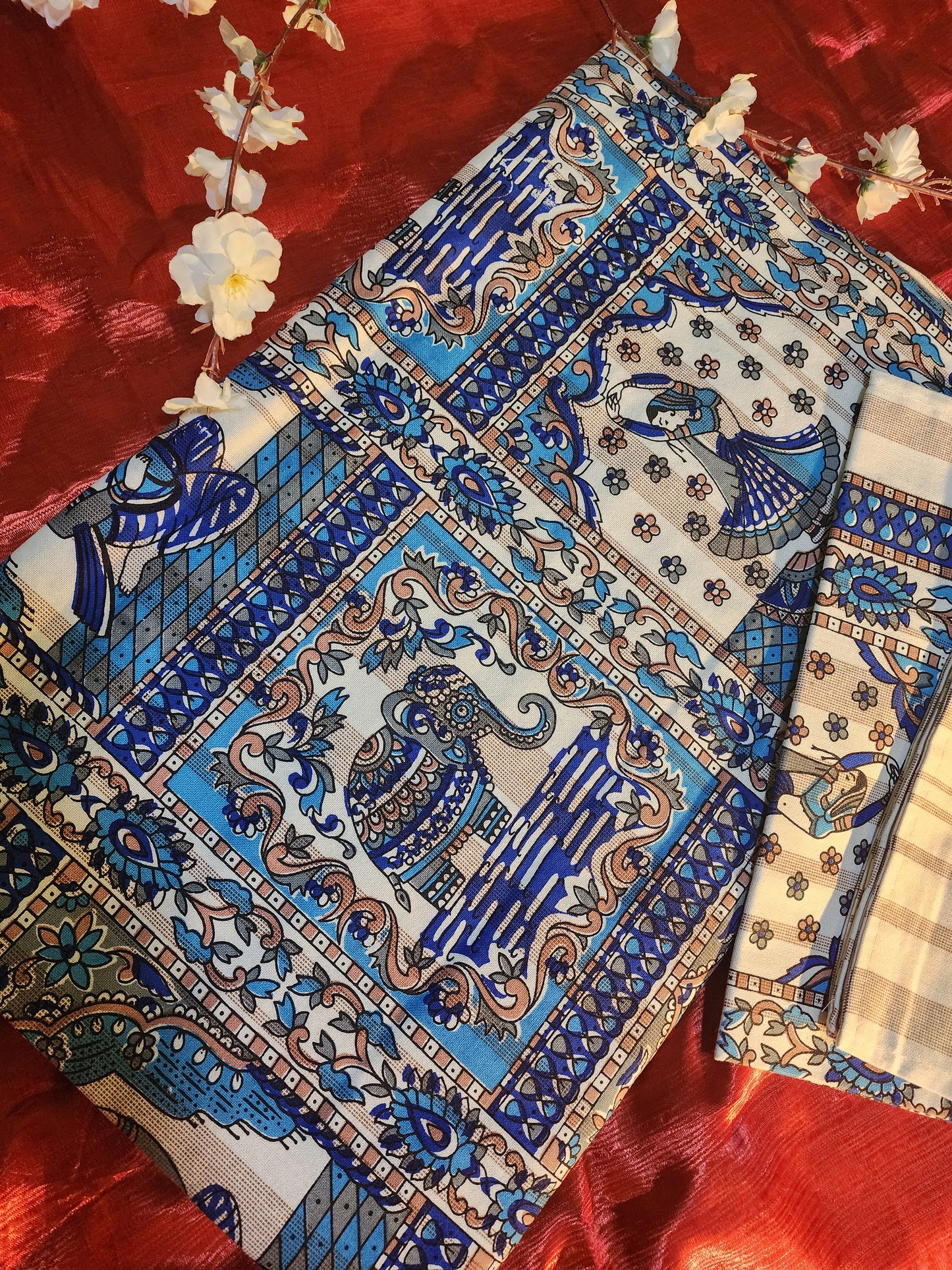 Rhythms of the Earth Handblock Printed Bedsheet with Dancing, Music & Elephant Motifs with 2 Pcs of pillow covers