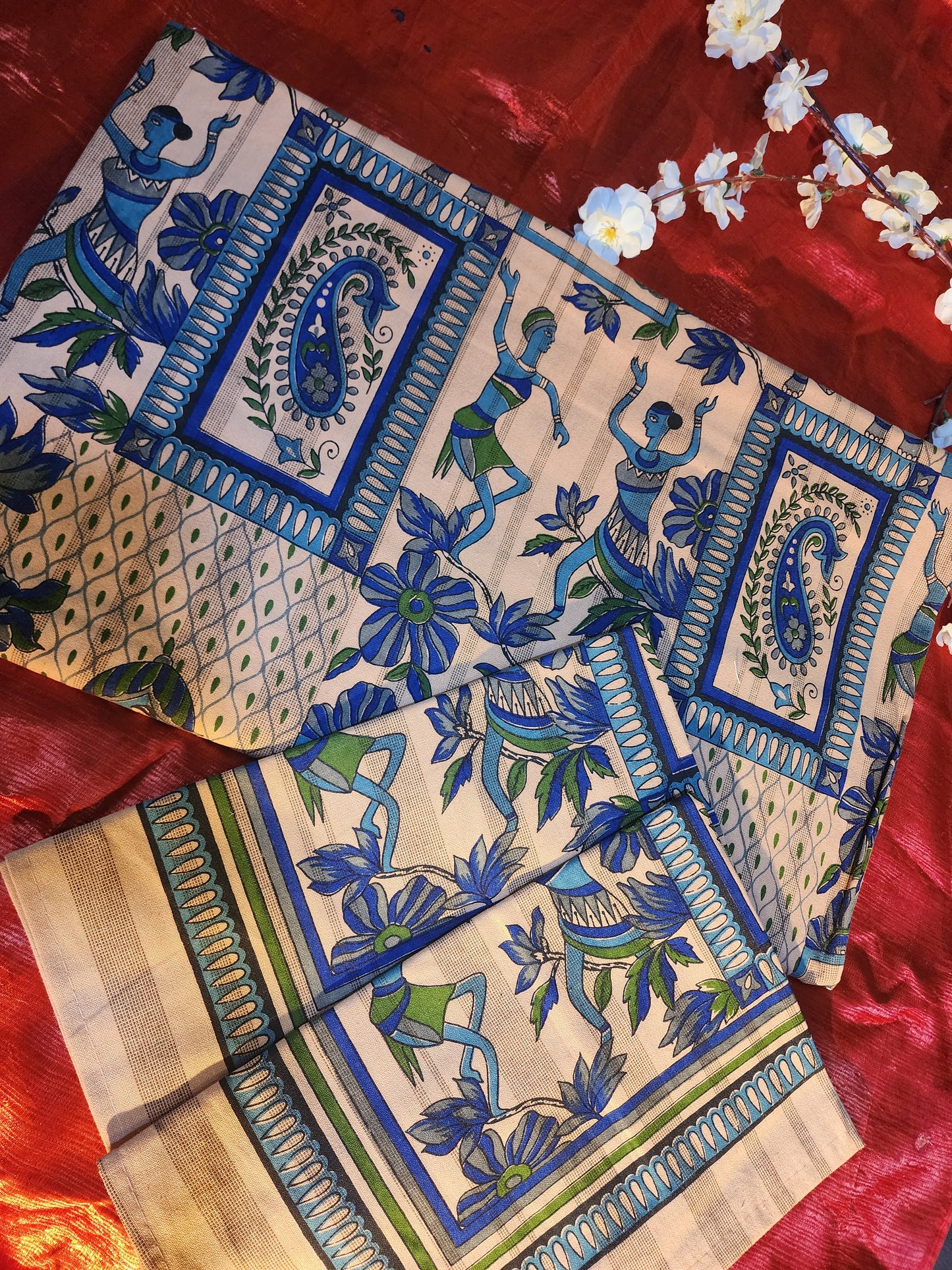 Regal Rhythms with Dance of Dynasty Handblock Printed Bedsheet with 2 Pcs of Pillow covers