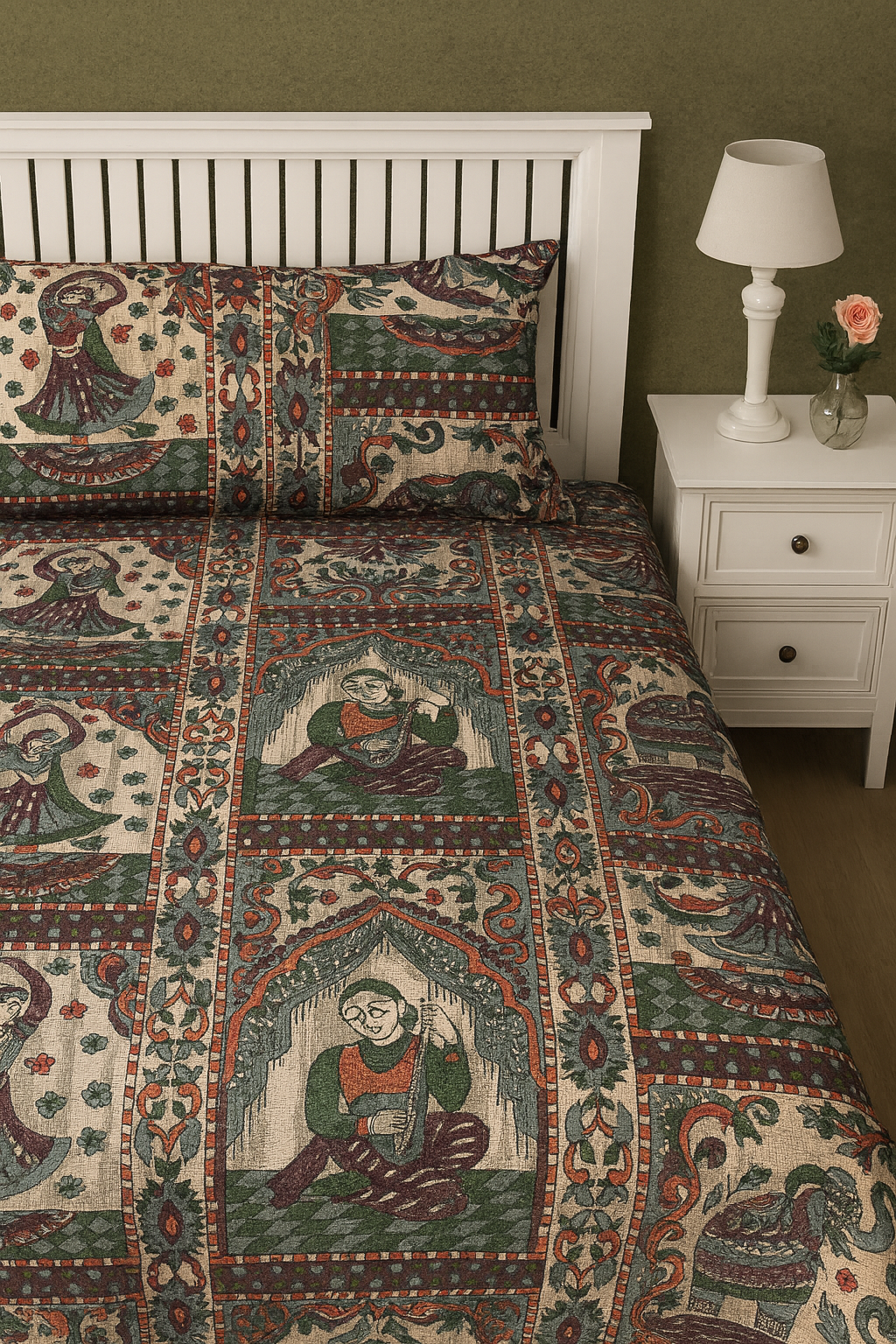 Regal Rhythms Handblock Printed Bedsheet with Cultural Dancers & Kings Motifs with 2 Pcs of Pillow Covers