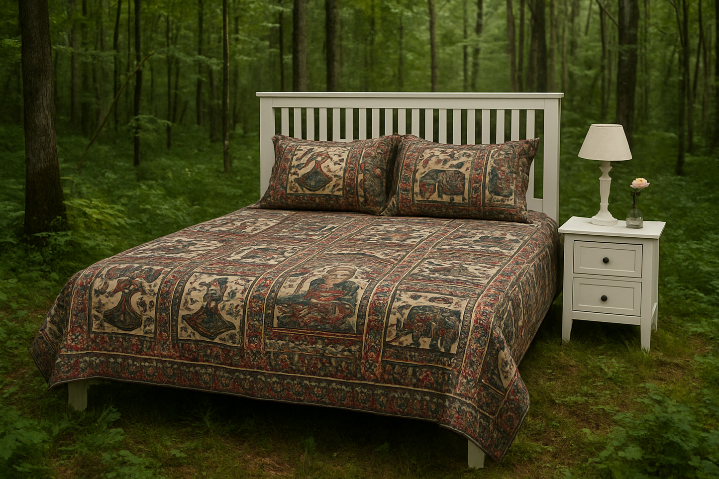 Regal Rhythms Handblock Printed Bedsheet with Cultural Dancers & Kings Motifs with 2 Pcs of Pillow Covers