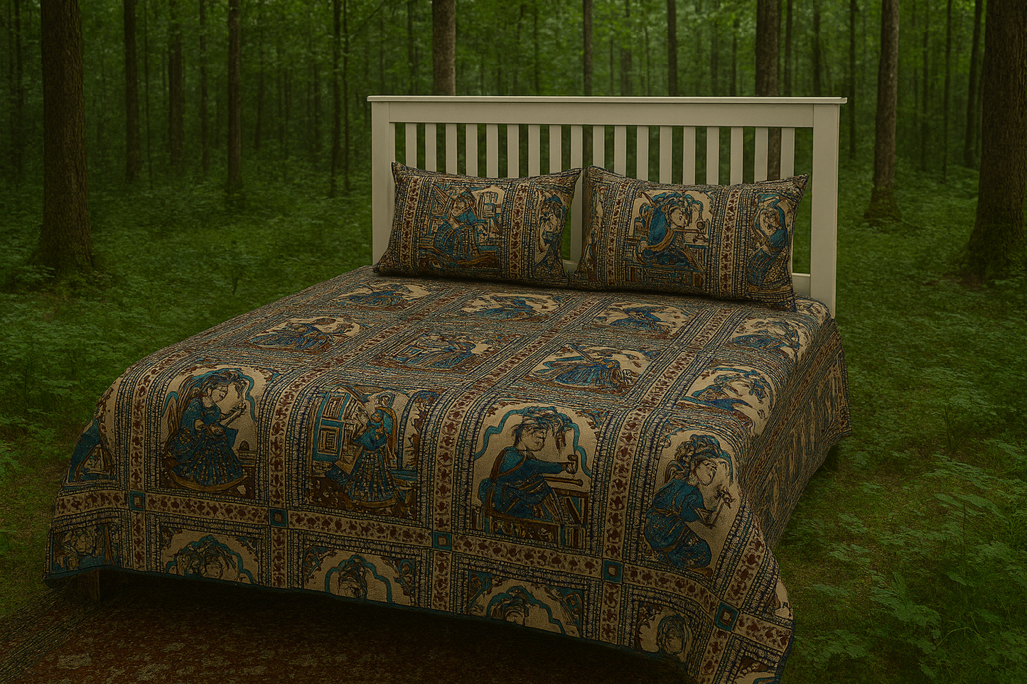 Regal Rhythms Handblock Printed Bedsheet with Cultural Dancers & Kings Motifs with 2 Pcs of Pillow Covers