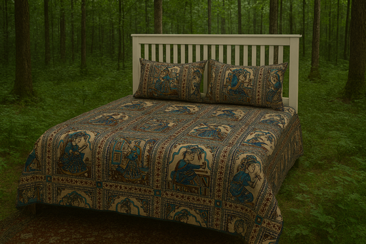 Regal Rhythms Handblock Printed Bedsheet with Cultural Dancers & Kings Motifs with 2 Pcs of Pillow Covers