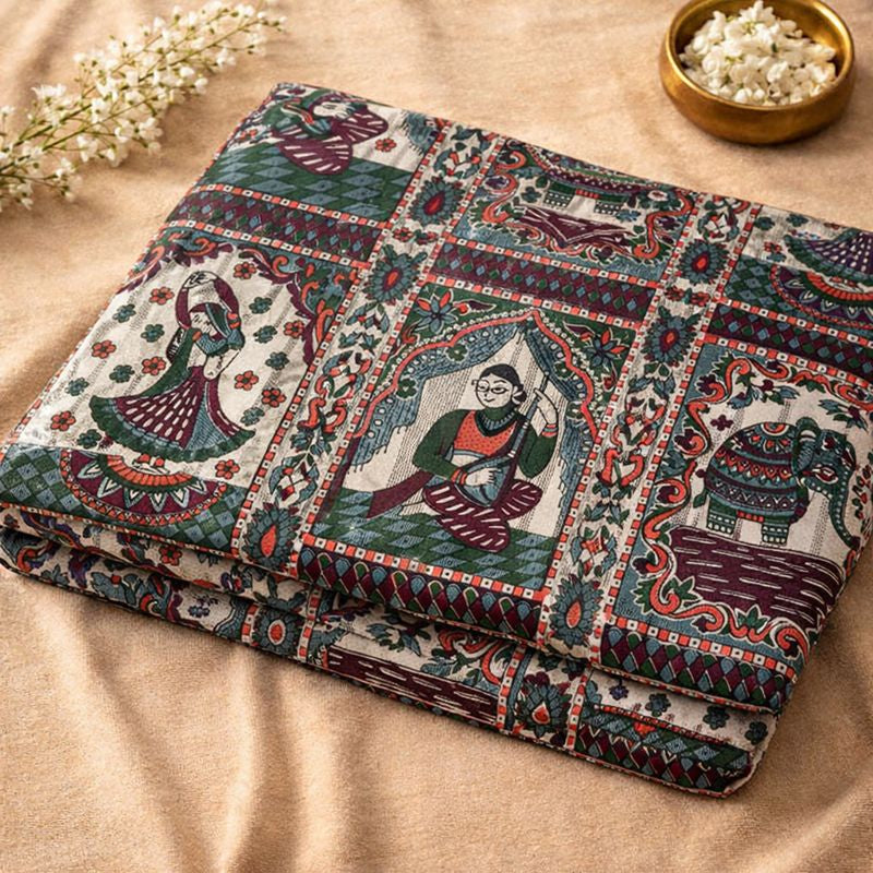 Regal Rhythms Handblock Printed Bedsheet with Cultural Dancers & Kings Motifs with 2 Pcs of Pillow Covers