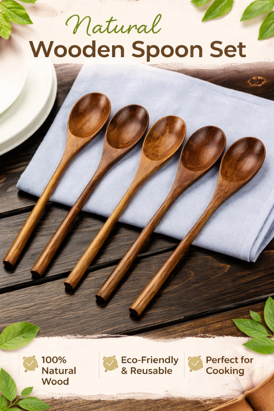 Natural Wooden Spoon Set of 5 PCS – Eco-Friendly Kitchen & Dining Tableware