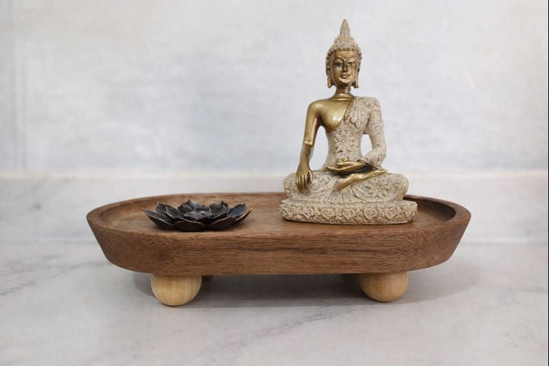 Wooden Meditation Incense Tray with Golden Buddha and Lotus bloom