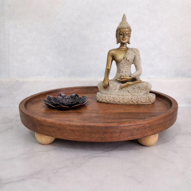 Wooden Meditation Incense Tray with Golden Buddha and Lotus bloom