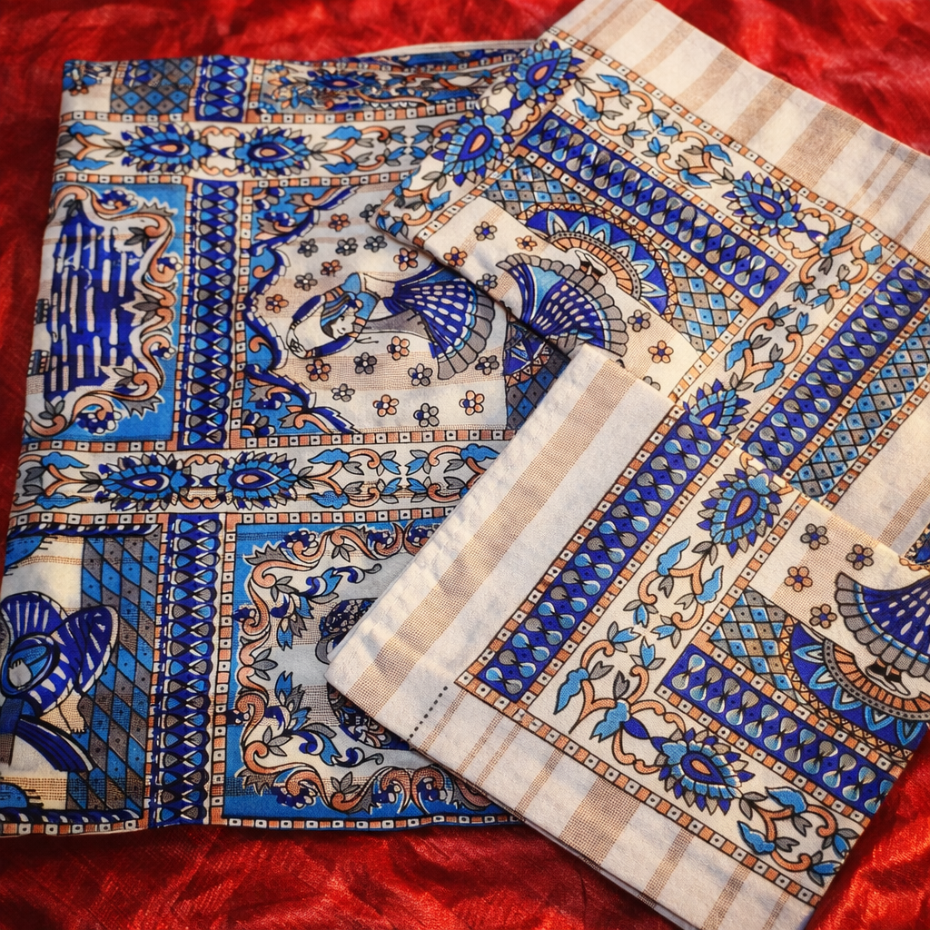 Rhythms of the Earth Handblock Printed Bedsheet with Dancing, Music & Elephant Motifs with 2 Pcs of pillow covers