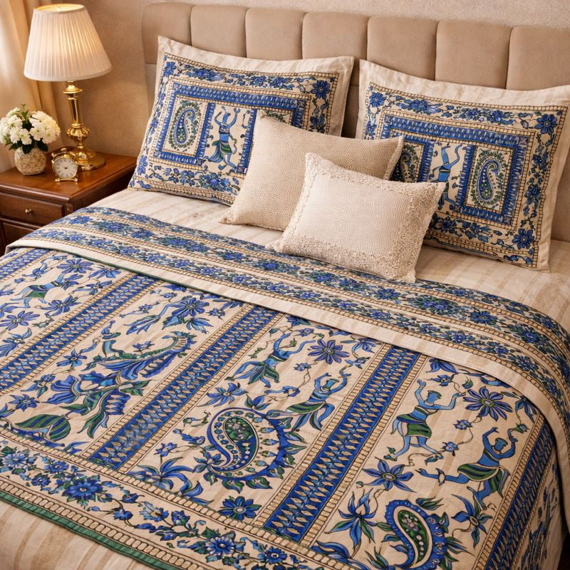 Regal Rhythms with Dance of Dynasty Handblock Printed Bedsheet with 2 Pcs of Pillow covers