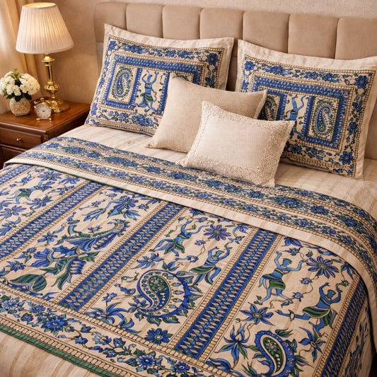 Regal Rhythms with Dance of Dynasty Handblock Printed Bedsheet with 2 Pcs of Pillow covers